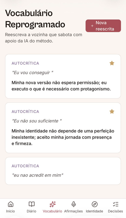 Tela do aplicativo Espelho Reflexo com o Vocabulário Reprogramado
